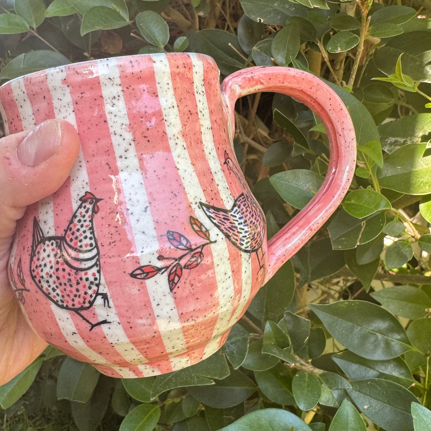Pink Stripe & Chickens Hand-Thrown 12 Oz Stoneware Mug  No 2