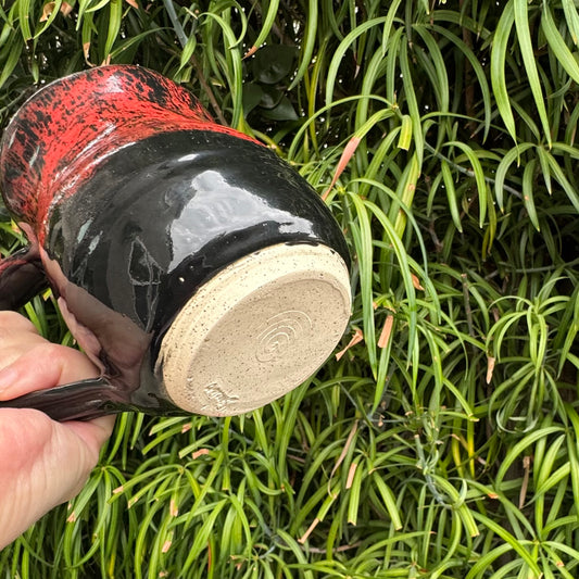 Handmade Black & Dynasty Red Lava Glaze Pottery Mug – 14 oz Stoneware Coffee Cup
