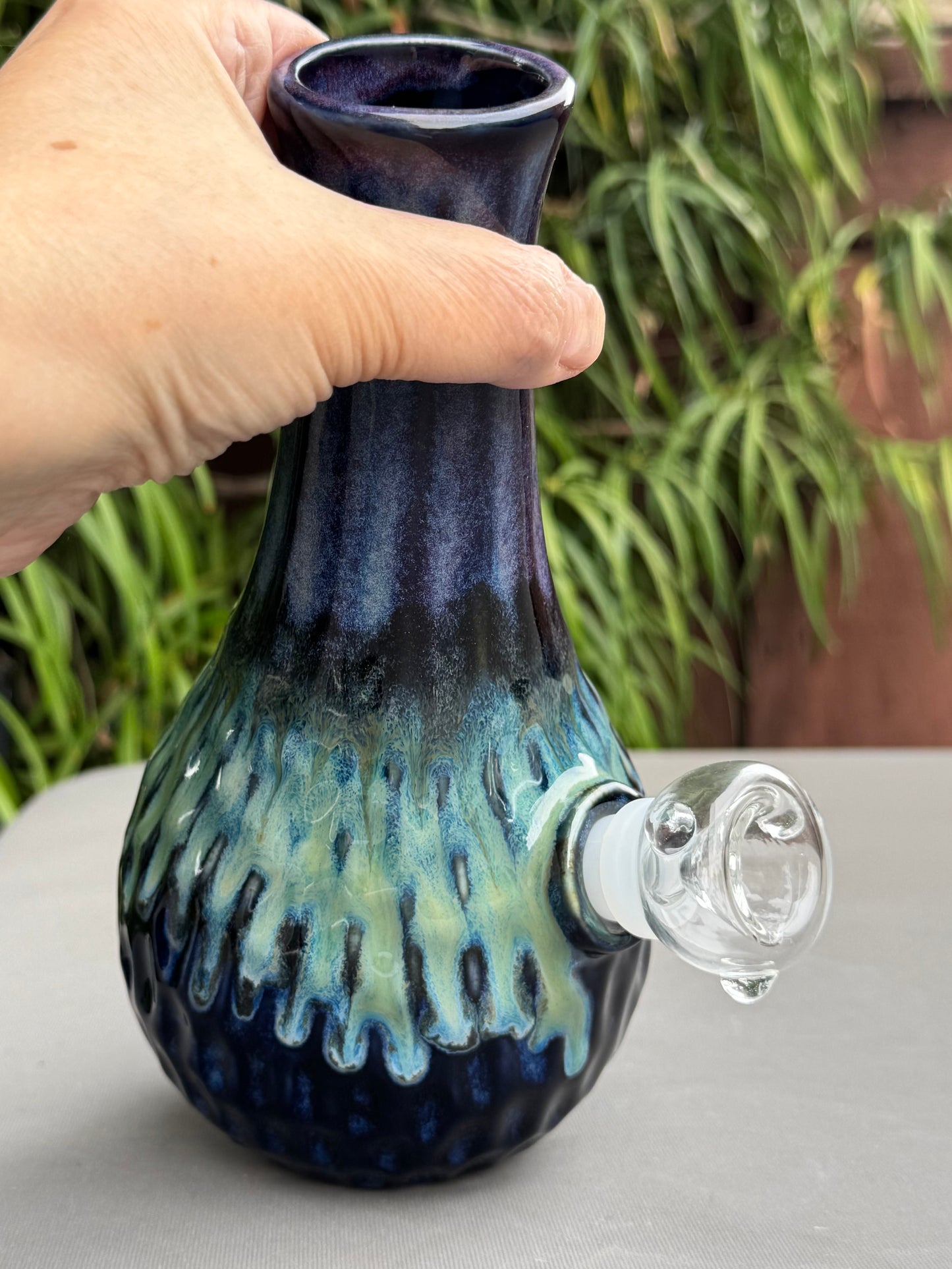 Handmade Ceramic Water Pipe – Ocean Blue Green Glaze | 8" White Stoneware