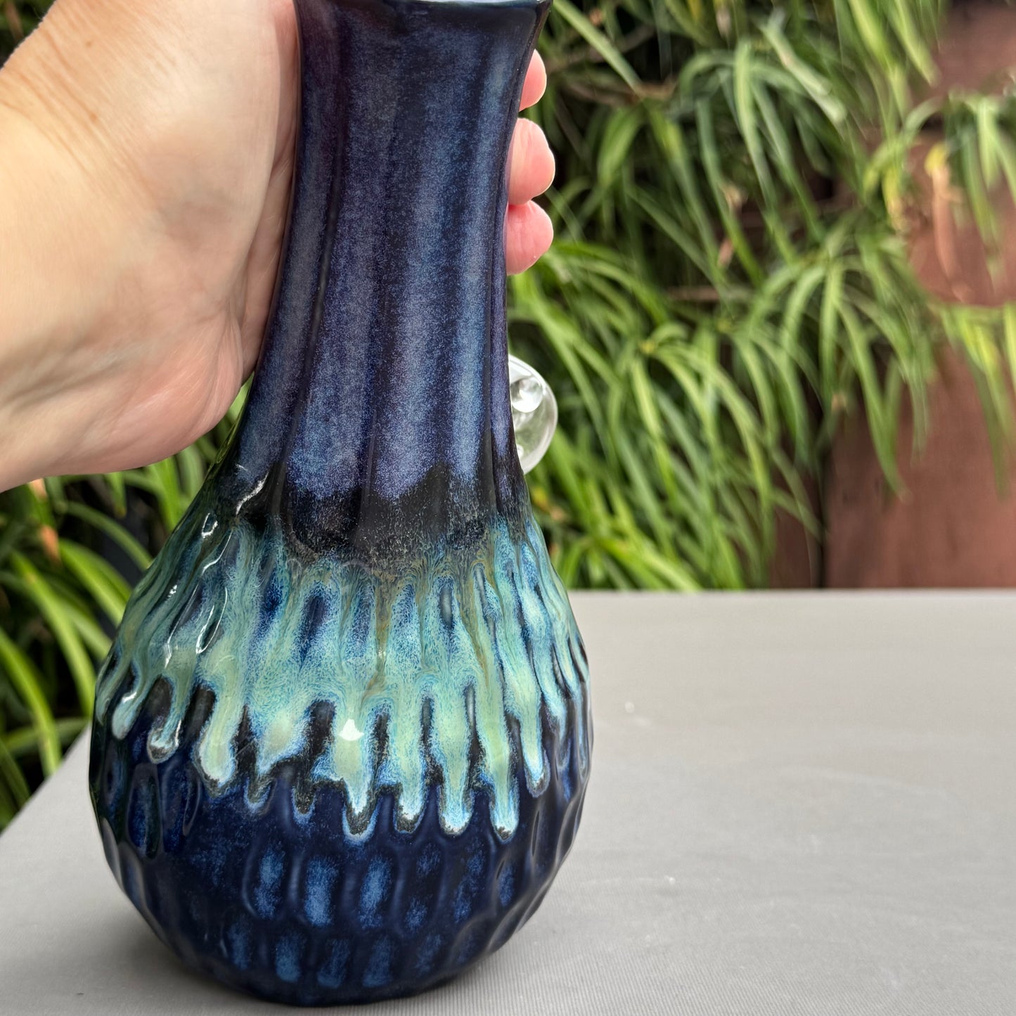 Handmade Ceramic Water Pipe – Ocean Blue Green Glaze | 8" White Stoneware