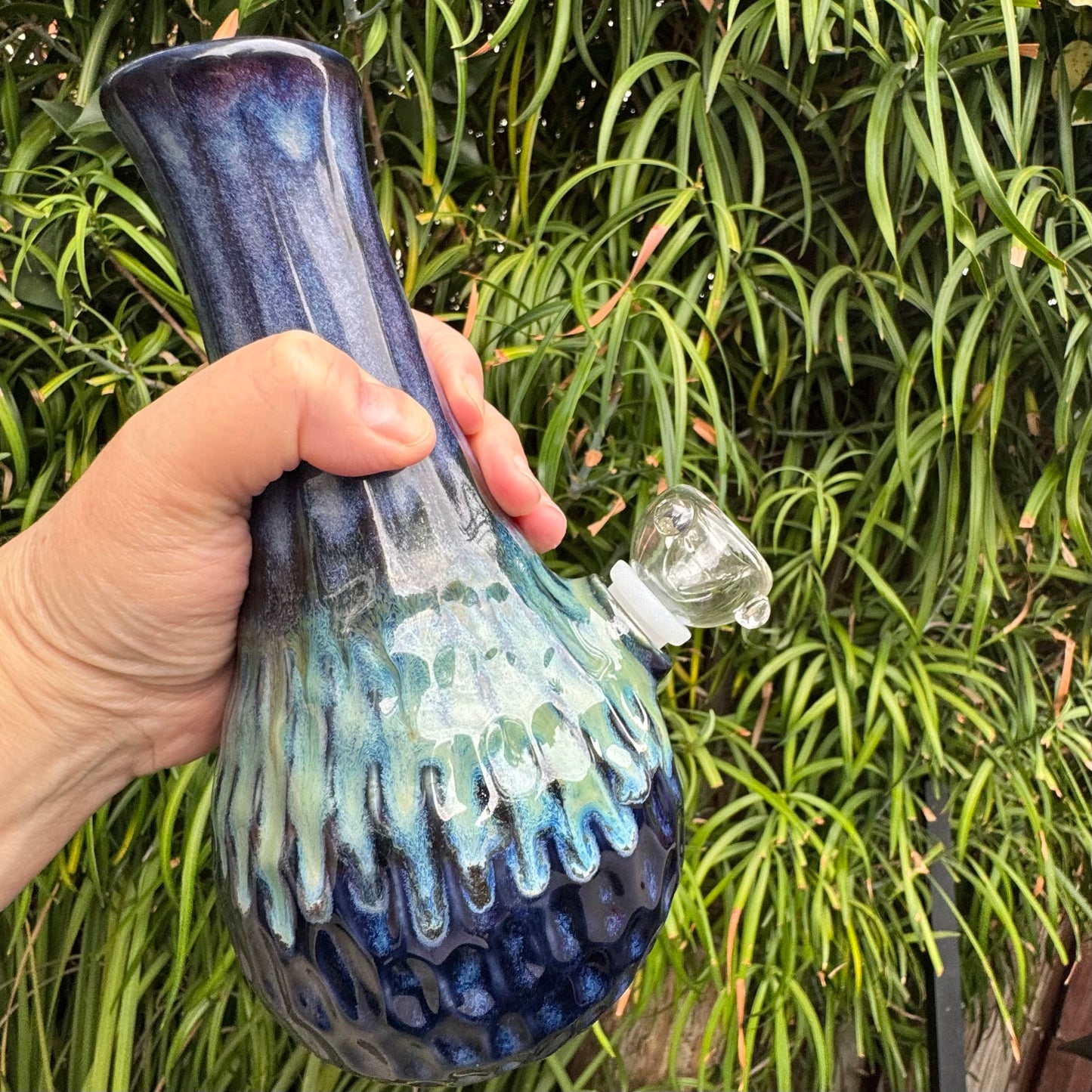 Handmade Ceramic Water Pipe – Ocean Blue Green Glaze | 8" White Stoneware