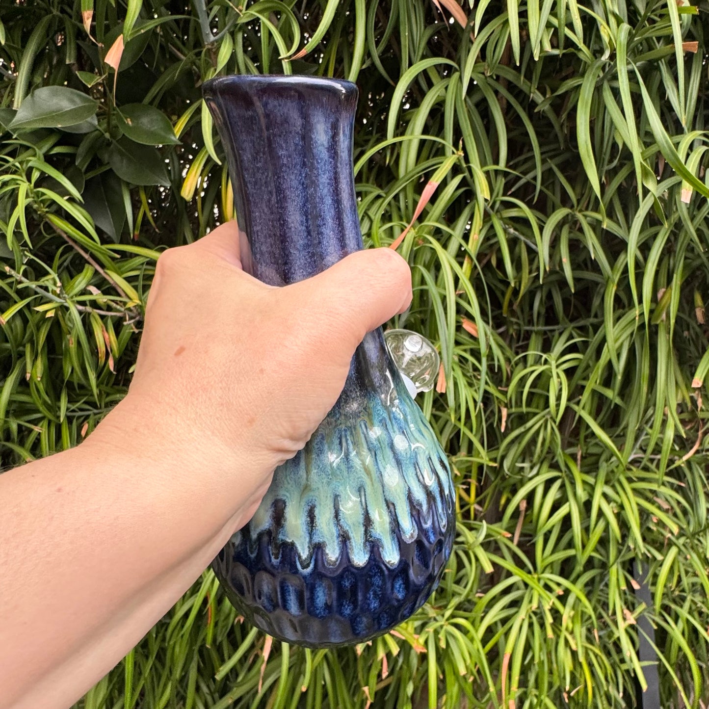 Handmade Ceramic Water Pipe – Ocean Blue Green Glaze | 8" White Stoneware