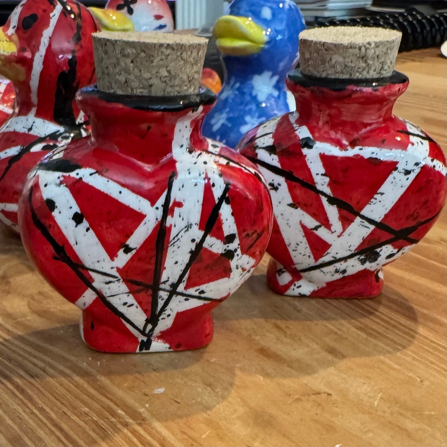 Handmade Heart-Shaped Ceramic Keepsake Jar with Cork – Red, White & Black Abstract Pottery