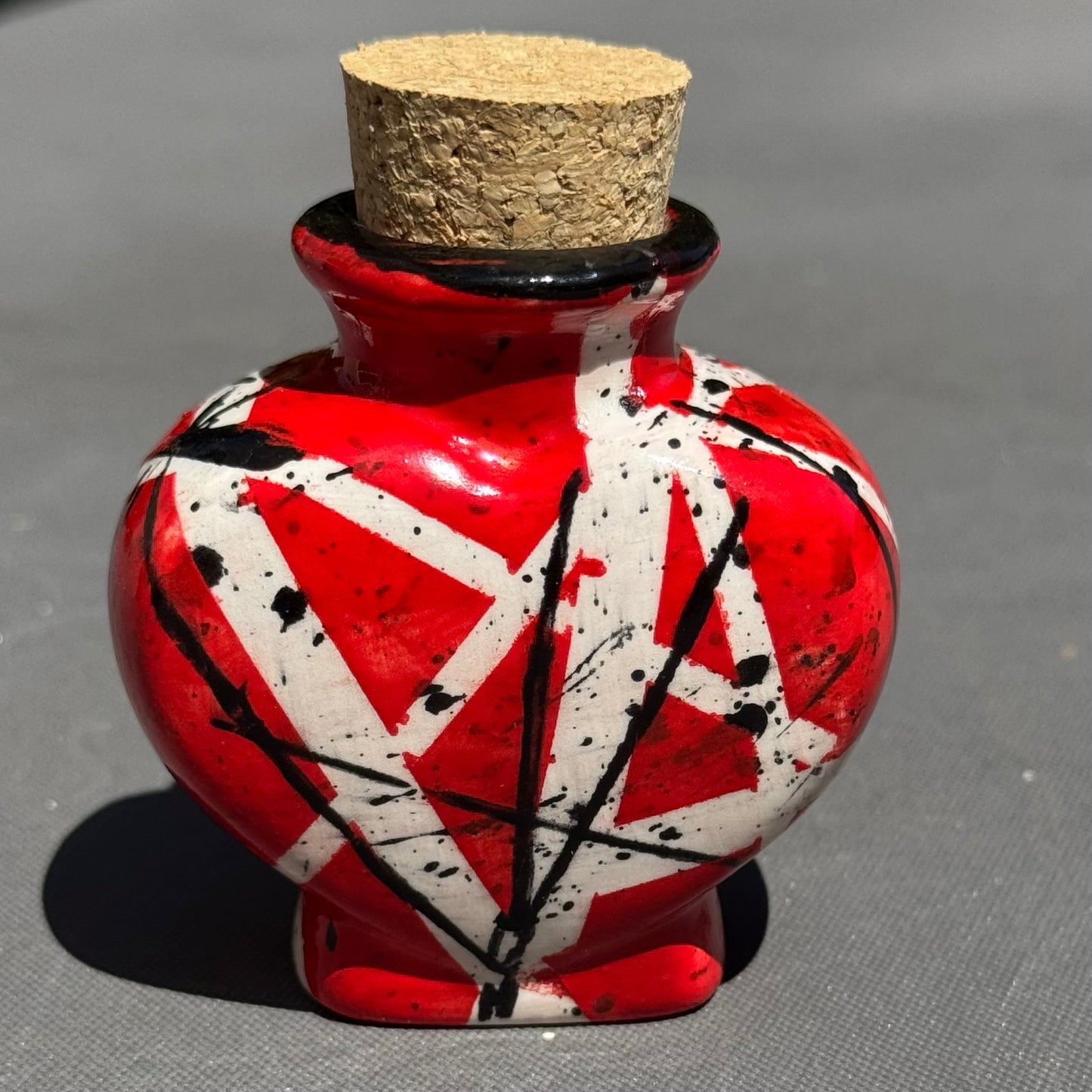Handmade Heart-Shaped Ceramic Keepsake Jar with Cork – Red, White & Black Abstract Pottery