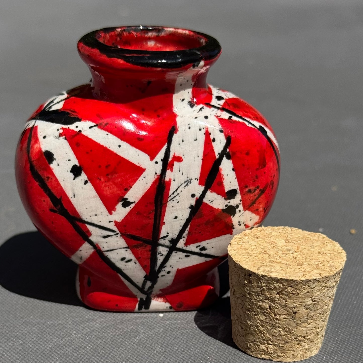 Handmade Heart-Shaped Ceramic Keepsake Jar with Cork – Red, White & Black Abstract Pottery