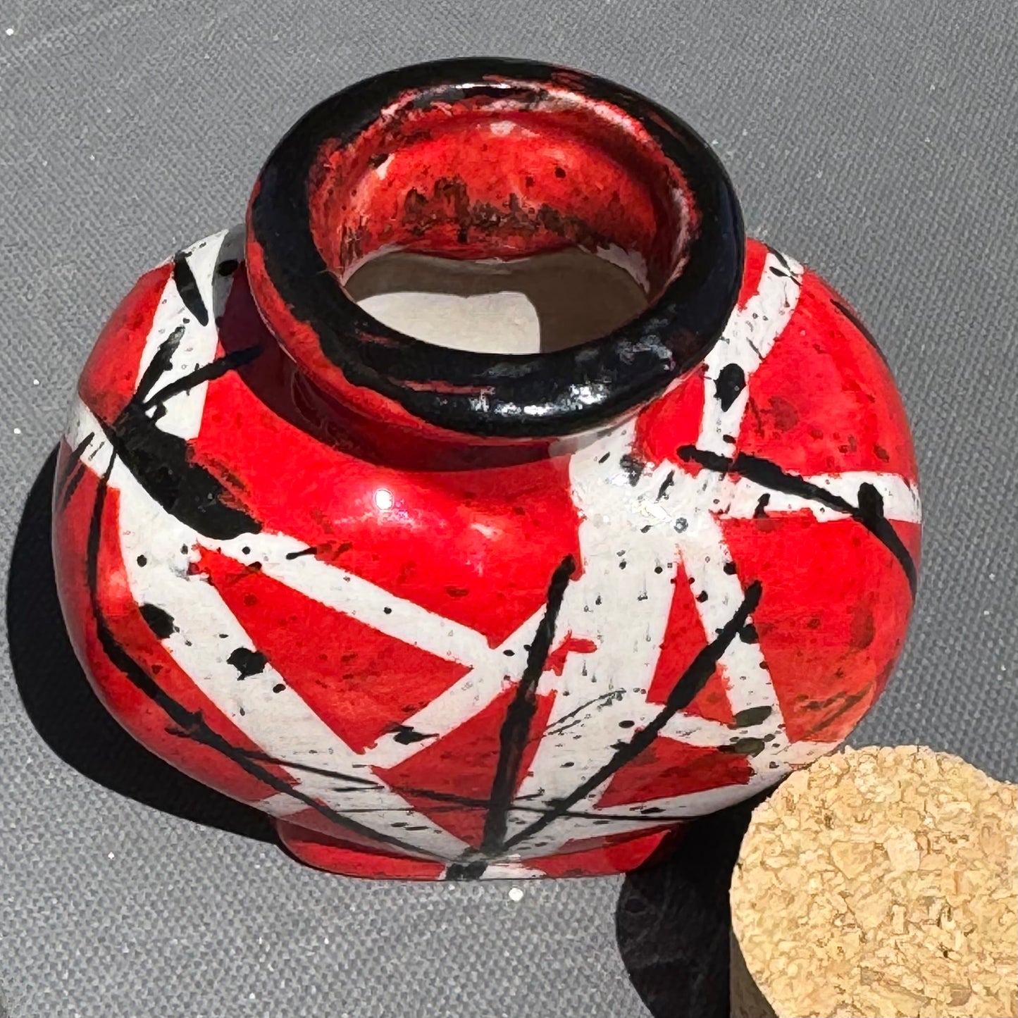 Handmade Heart-Shaped Ceramic Keepsake Jar with Cork – Red, White & Black Abstract Pottery