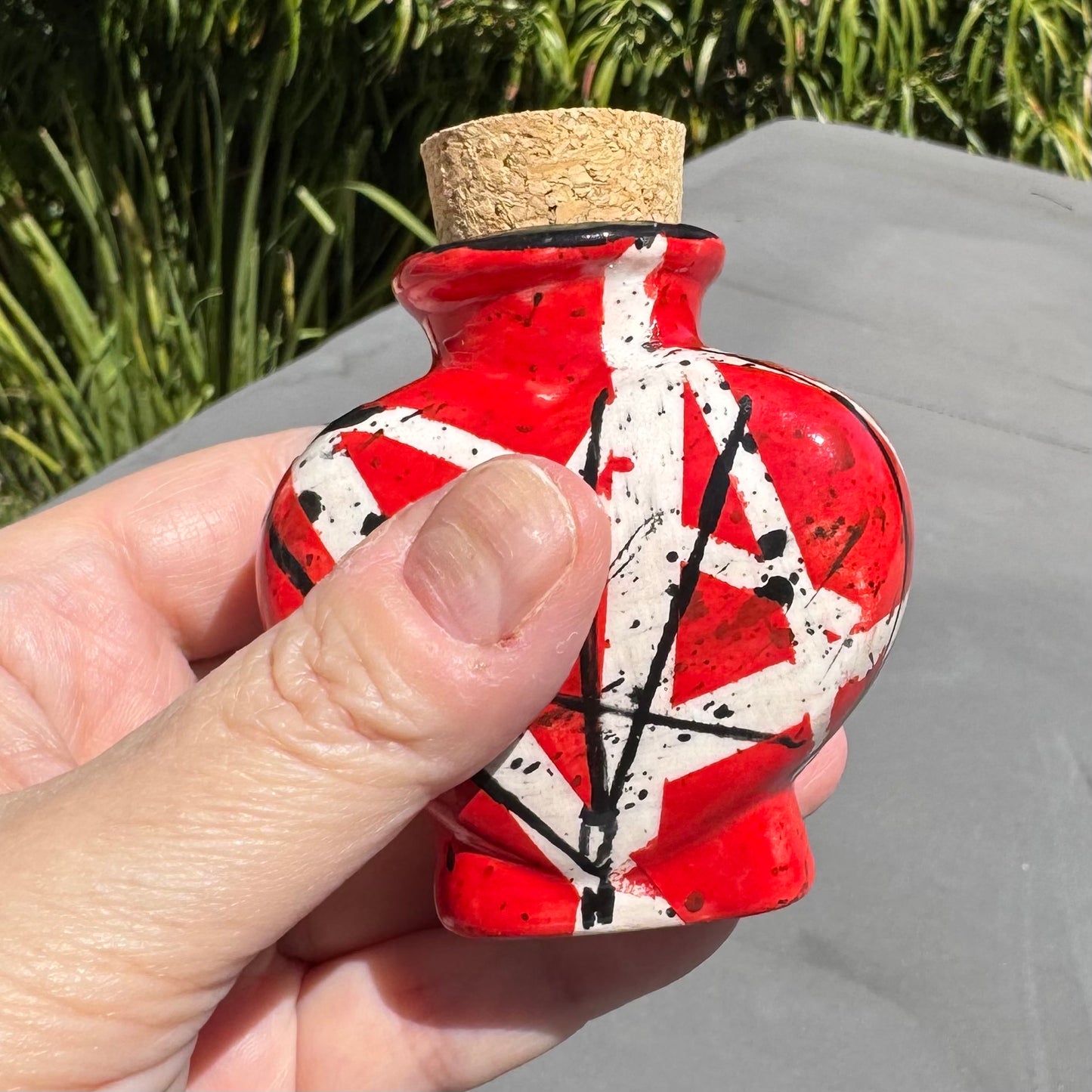 Handmade Heart-Shaped Ceramic Keepsake Jar with Cork – Red, White & Black Abstract Pottery