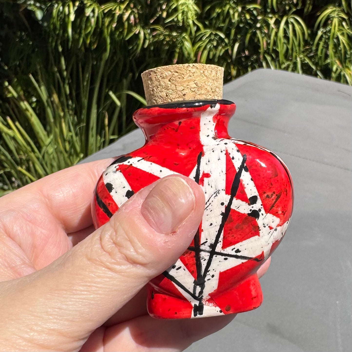 Handmade Heart-Shaped Ceramic Keepsake Jar with Cork – Red, White & Black Abstract Pottery