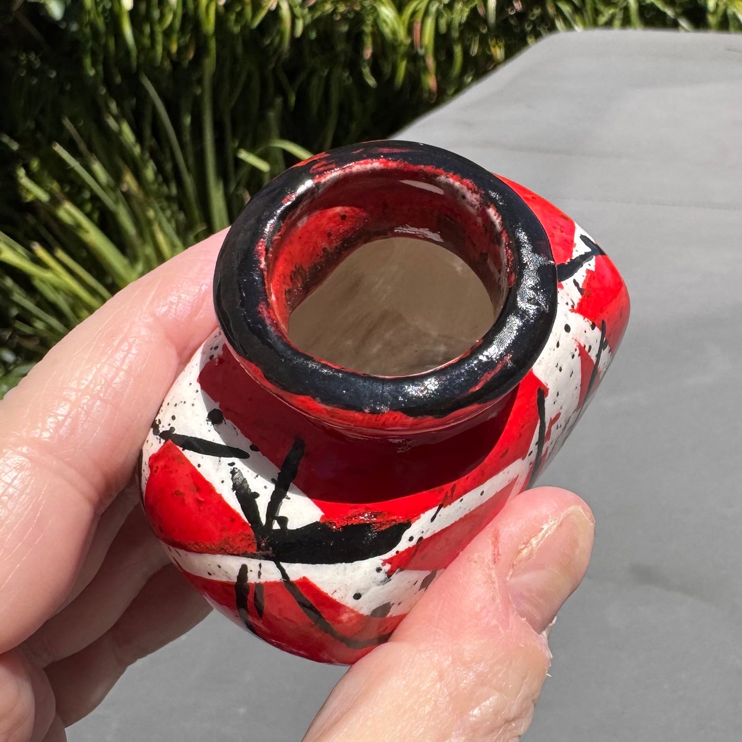 Handmade Heart-Shaped Ceramic Keepsake Jar with Cork – Red, White & Black Abstract Pottery