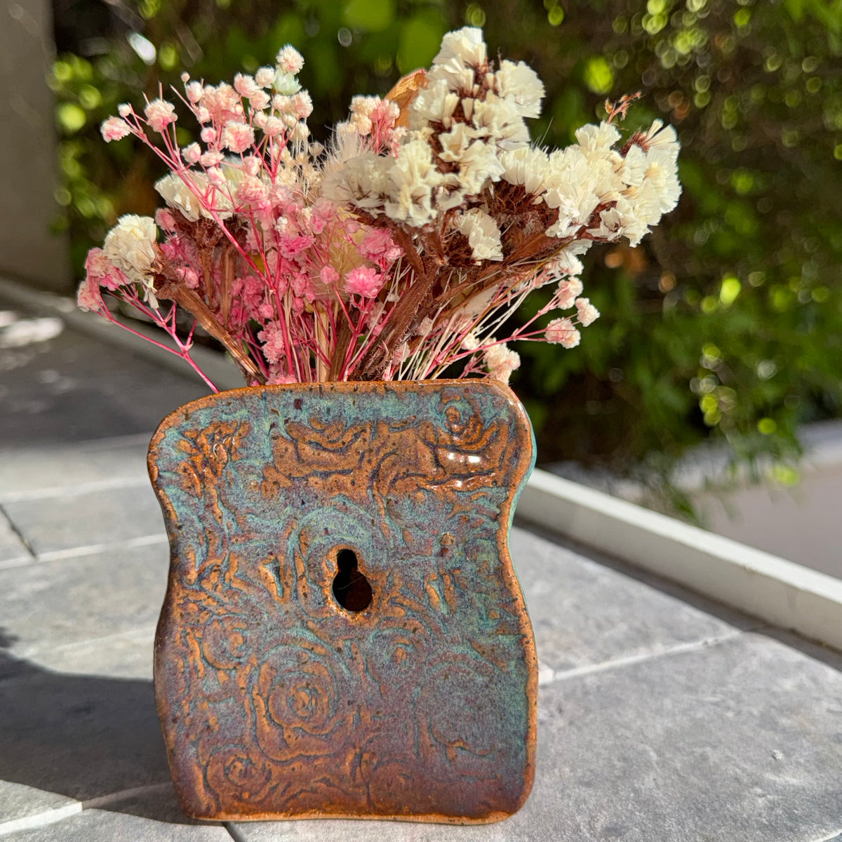 Handmade Blue Green Ceramic Wall Pocket Vase – Textured Speckled Stoneware