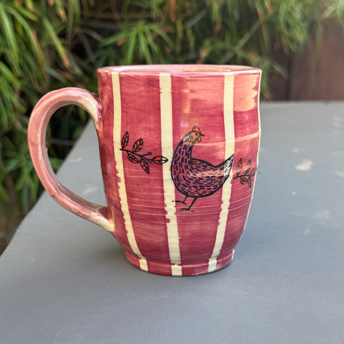 Pink Striped Chicken 14 Oz Stoneware Mug