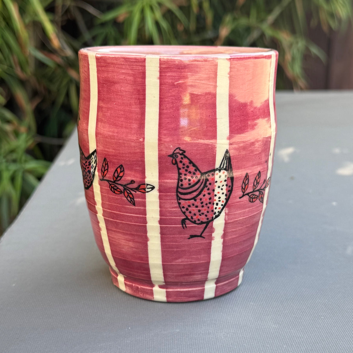 Pink Striped Chicken 14 Oz Stoneware Mug