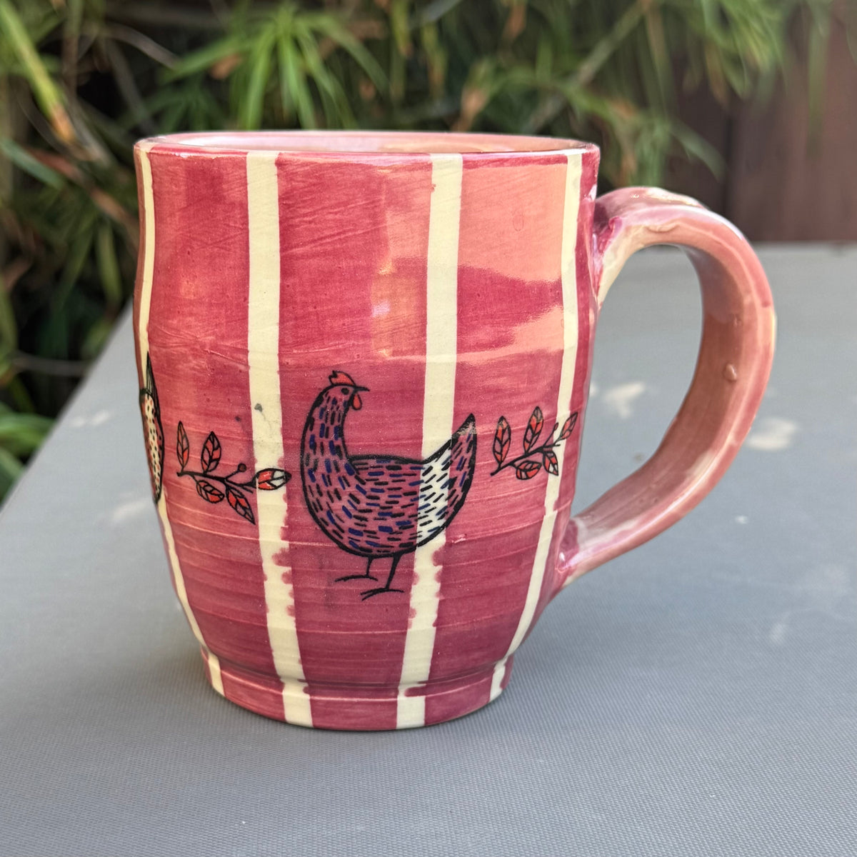 Pink Striped Chicken 14 Oz Stoneware Mug