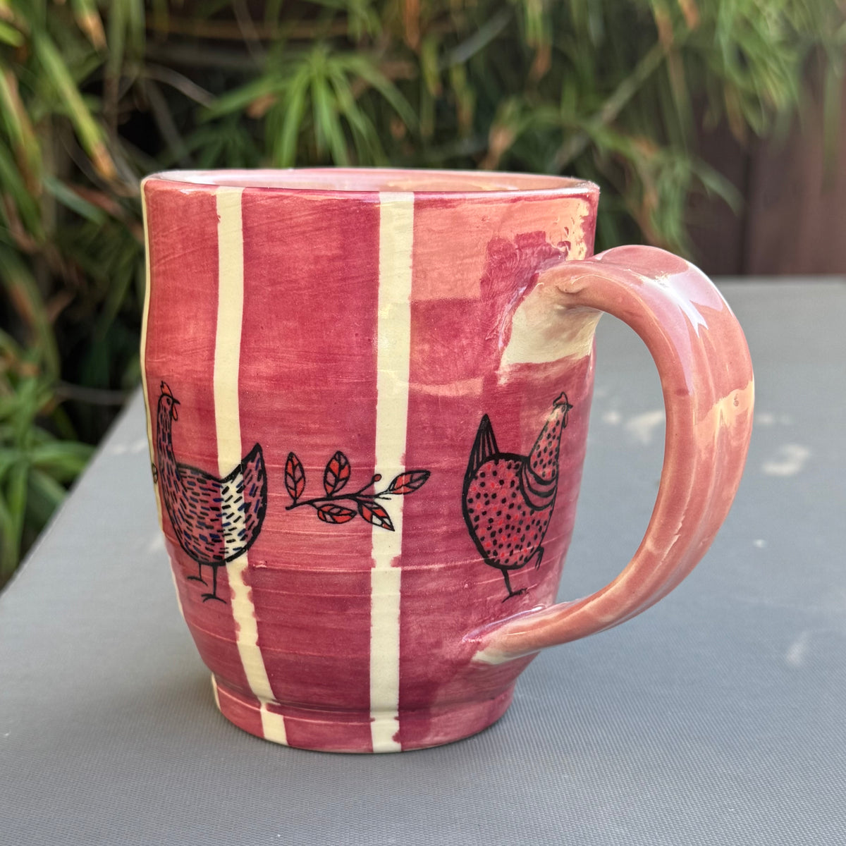 Pink Striped Chicken 14 Oz Stoneware Mug