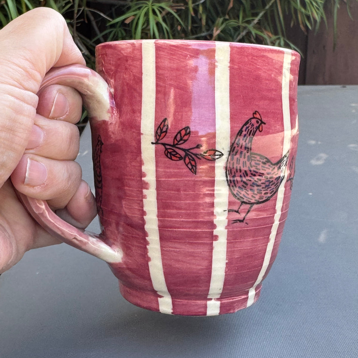 Pink Striped Chicken 14 Oz Stoneware Mug