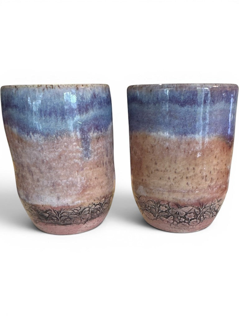 Blue & Lavender Tumbler Set | Pair of 12 oz Stoneware Cups | Floral Relief Handmade Pottery