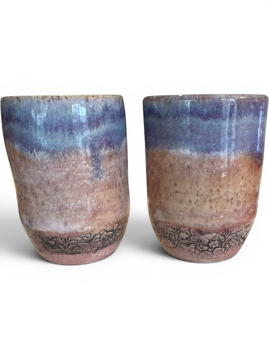 Soft Blue & Lavender Floral Relief Wheel Thrown Oz Ceramic Tumbler - Set of 2