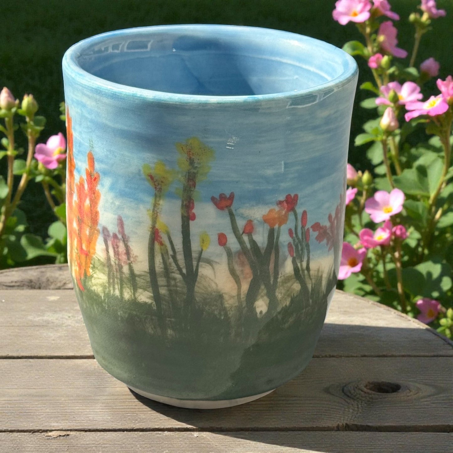 Wildflower Meadow Mug | 9 oz Hand-Painted Stoneware | Blue Sky Floral Handmade Pottery