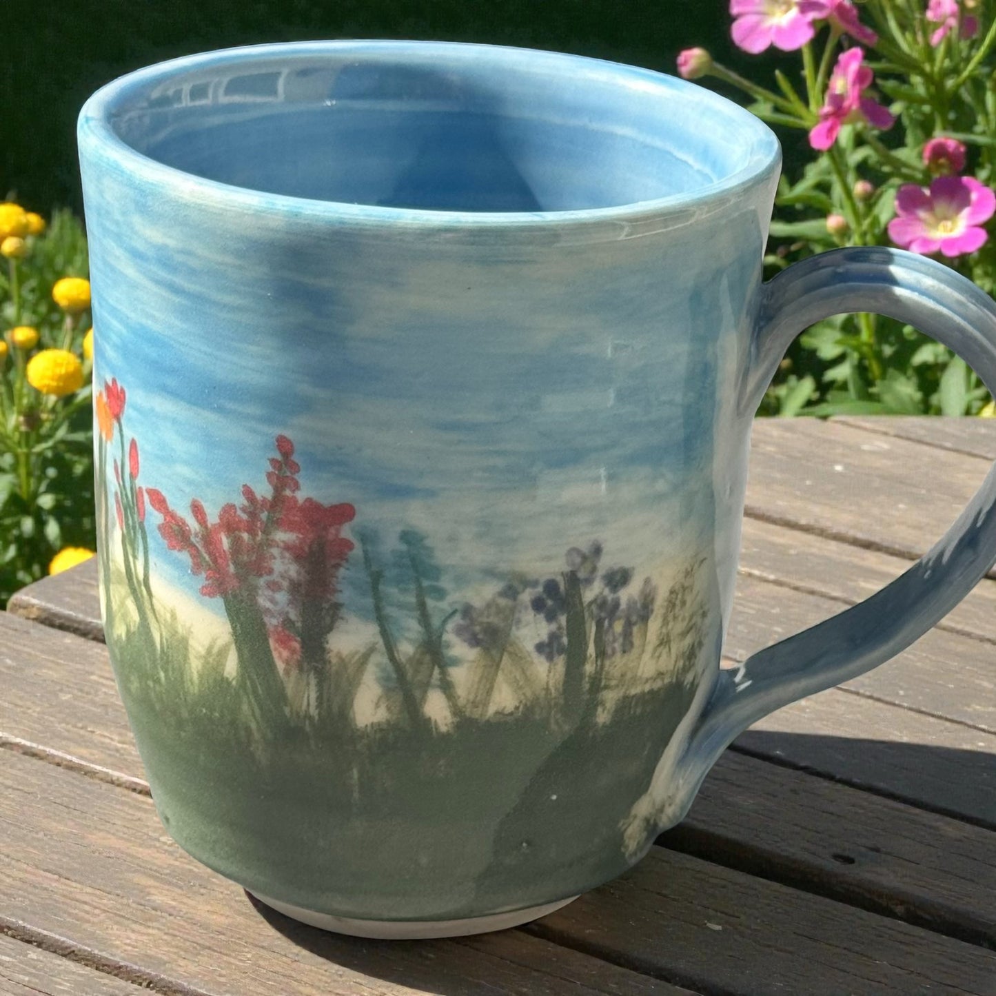 Wildflower Meadow Mug | 9 oz Hand-Painted Stoneware | Blue Sky Floral Handmade Pottery