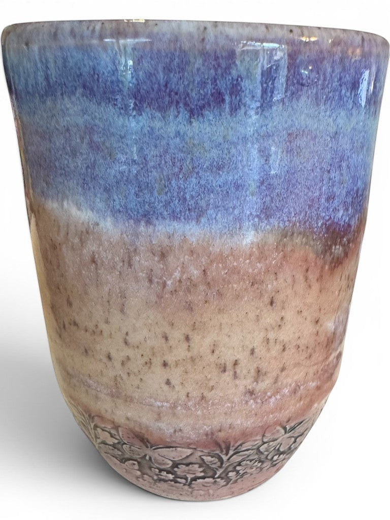 Blue & Lavender Tumbler Set | Pair of 12 oz Stoneware Cups | Floral Relief Handmade Pottery