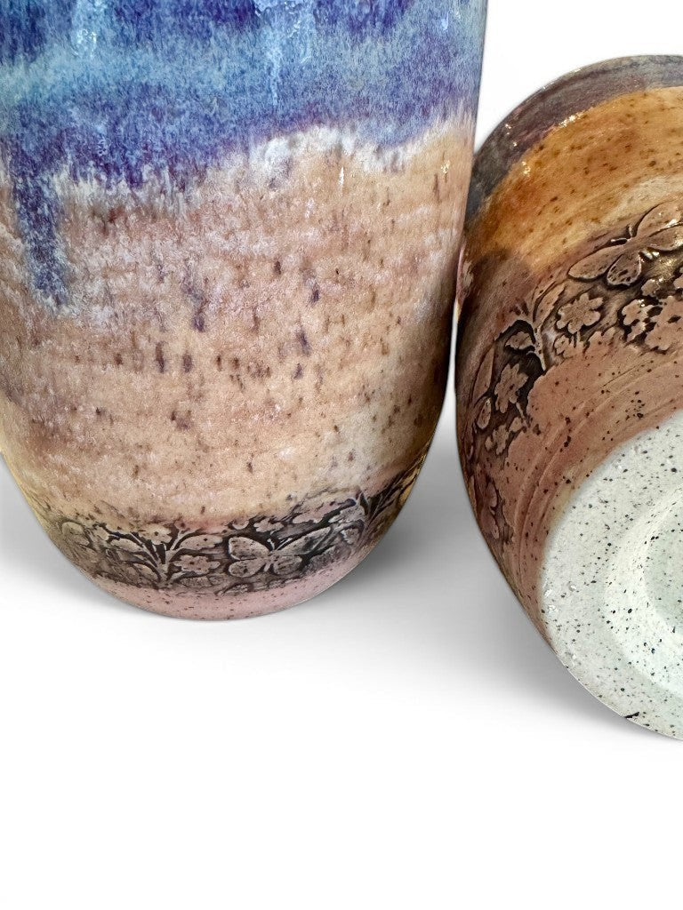 Blue & Lavender Tumbler Set | Pair of 12 oz Stoneware Cups | Floral Relief Handmade Pottery