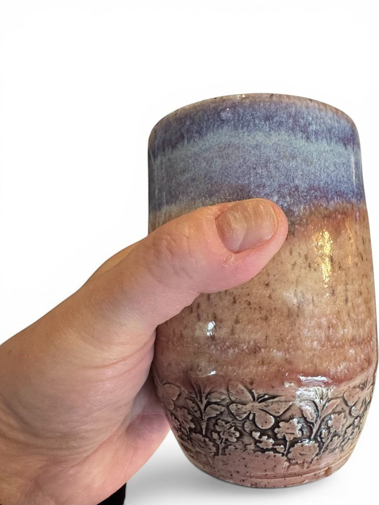 Blue & Lavender Tumbler Set | Pair of 12 oz Stoneware Cups | Floral Relief Handmade Pottery