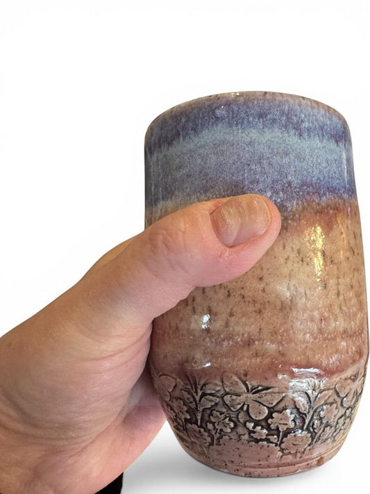 Soft Blue & Lavender Floral Relief Wheel Thrown Oz Ceramic Tumbler - Set of 2