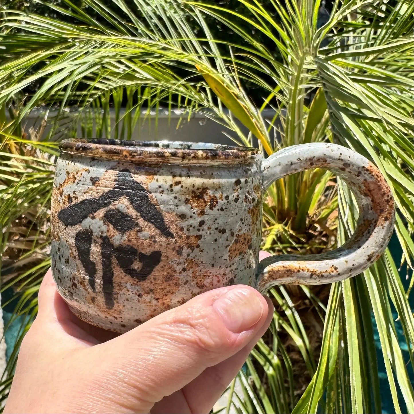 Handmade Ceramic Kanji Mug | Speckled White Stoneware | 6 oz | Wabi-Sabi Style Espresso Cup | Hand-Painted Kanji Symbols
