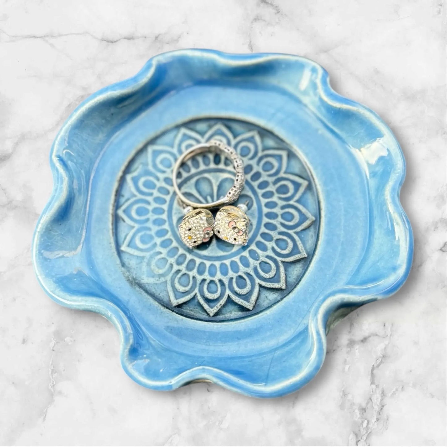 Mandala Ring Dish | Handmade Scalloped Stoneware | Boho Jewelry & Trinket Holder