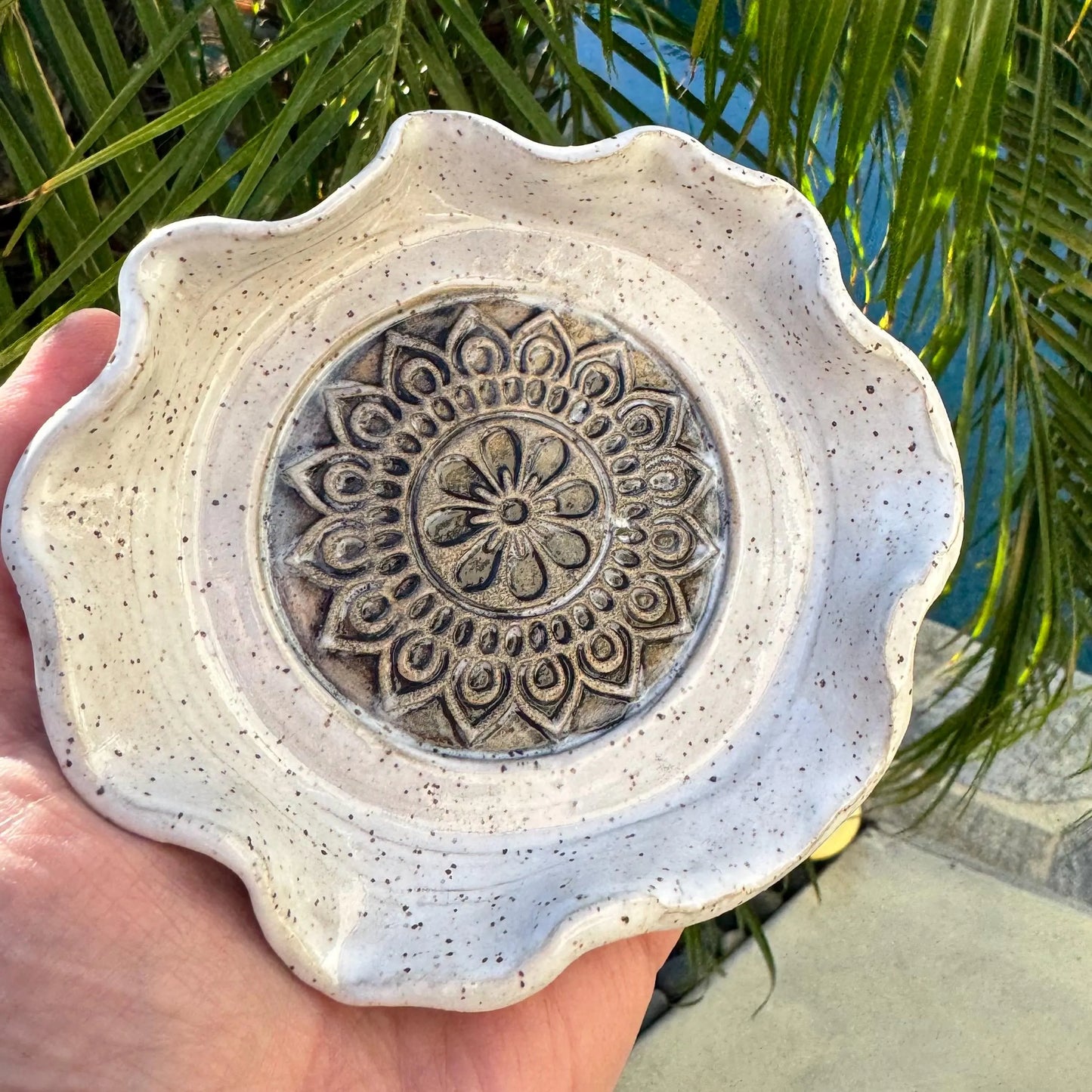 Mandala Ring Dish | Handmade Scalloped Stoneware | Boho Jewelry & Trinket Holder