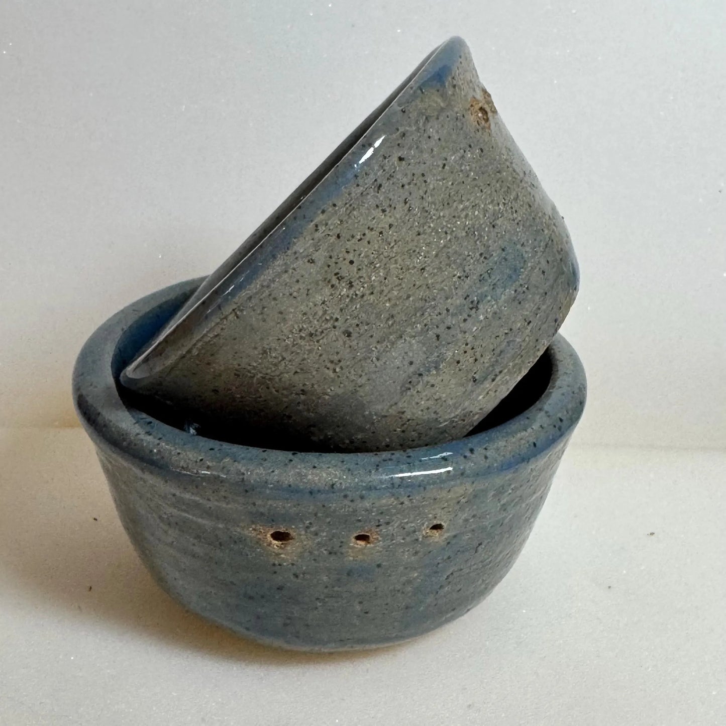 Herb Stripper Bowl Set | Wheel Thrown Blue Speckled Stoneware | Handmade Nesting Prep Pottery