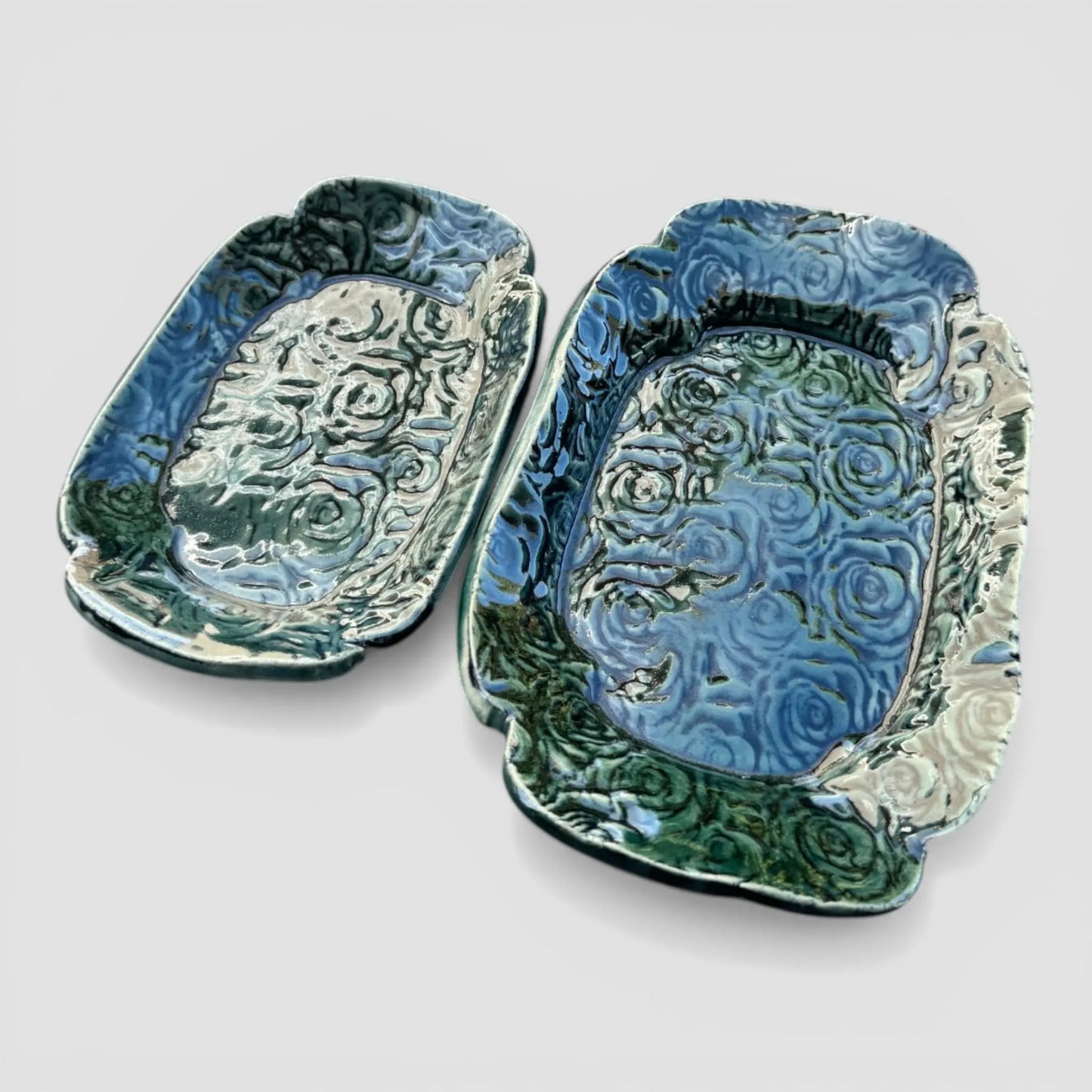 Rainforest Rose Tray Set | Nested Hand-Textured Stoneware | Handmade Catch-All & Soap Dish