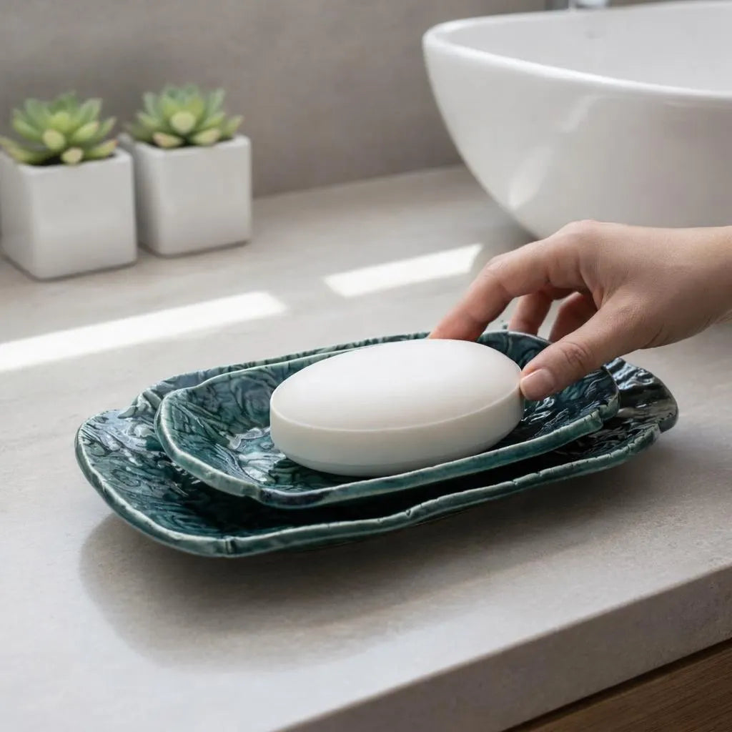 Rainforest Rose Tray Set | Nested Hand-Textured Stoneware | Handmade Catch-All & Soap Dish