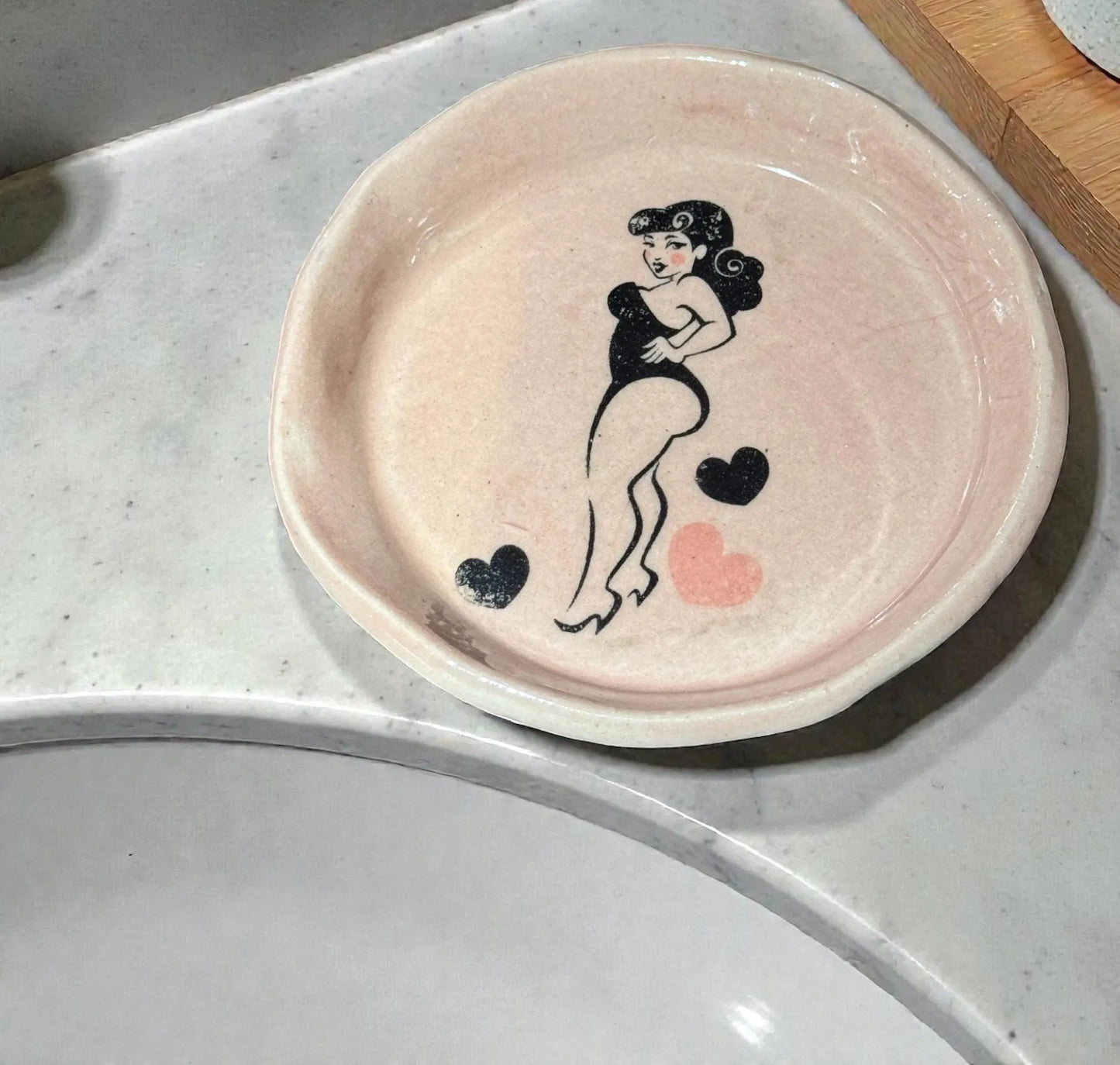 Handmade Ceramic Ring Dish | Retro Pin-Up Bride Jewelry Holder | Pink Bridal Shower Gift | 4" Trinket Dish