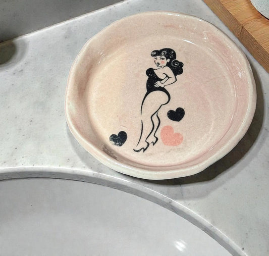 Handmade Ceramic Ring Dish | Retro Pin-Up Bride Jewelry Holder | Pink Bridal Shower Gift | 4" Trinket Dish