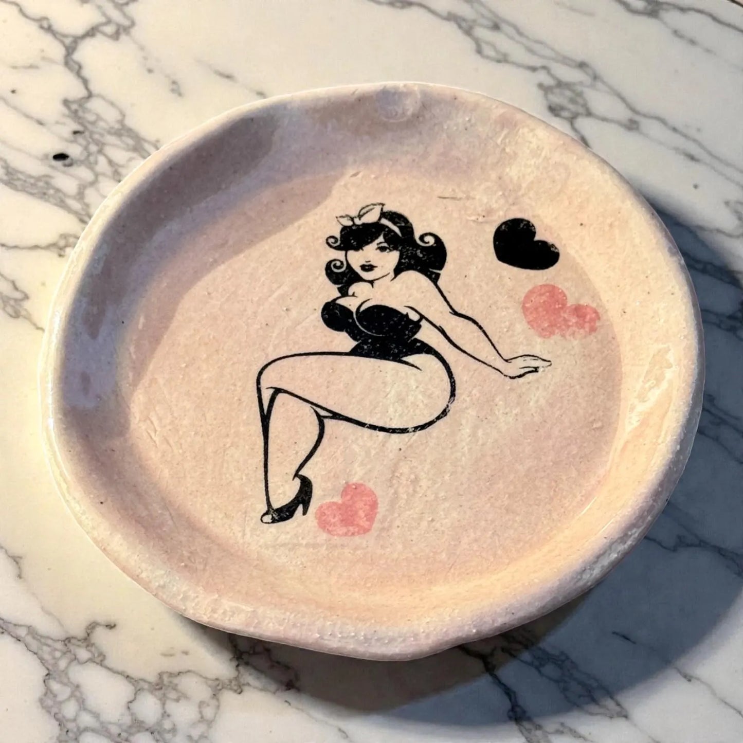 Handmade Ceramic Ring Dish | Retro Pin-Up Bride Jewelry Holder | Pink Bridal Shower Gift | 4" Trinket Dish
