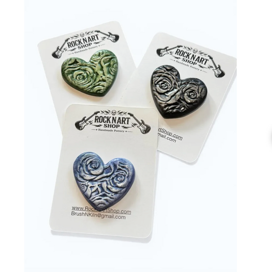 Heart & Rose Magnet Set of 3 | Handmade Floral Stoneware | Cottagecore Kitchen Decor