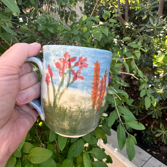 Wildflower Meadow Mug | 9 oz Hand-Painted Stoneware | Blue Sky Floral Handmade Pottery