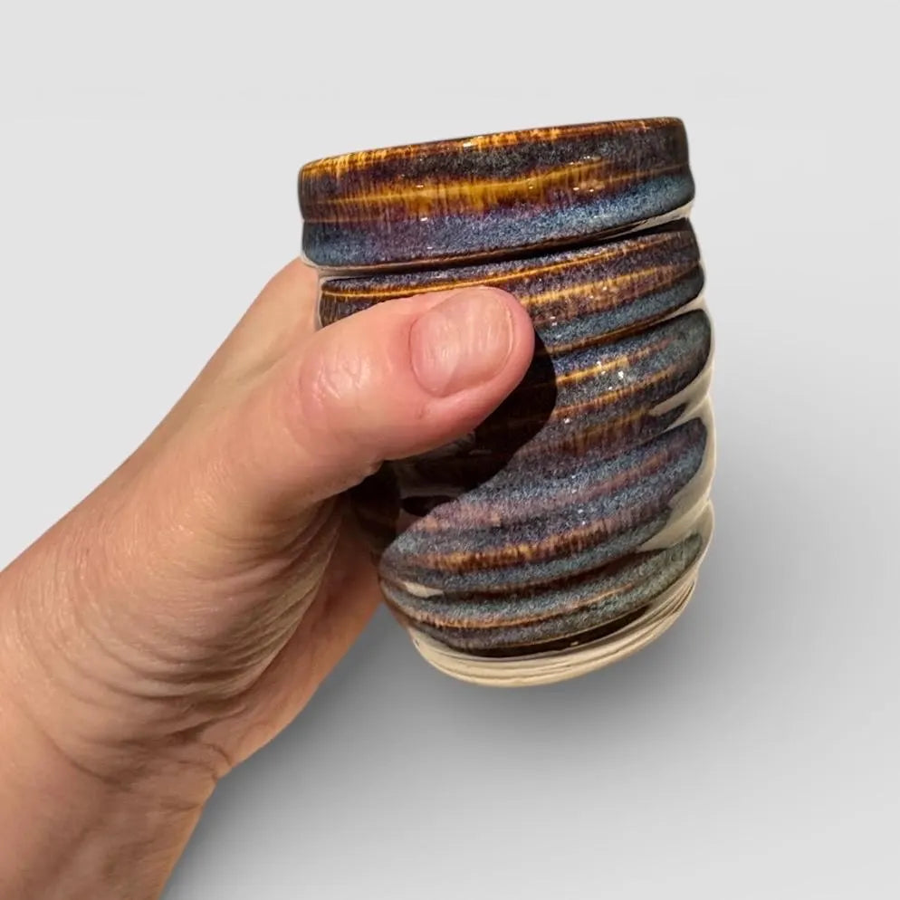 Wheel-Thrown Brown and Blue Ceramic Tumbler #2 | Handmade Stoneware Cup | Textured Pottery for Coffee, Tea, or Whiskey