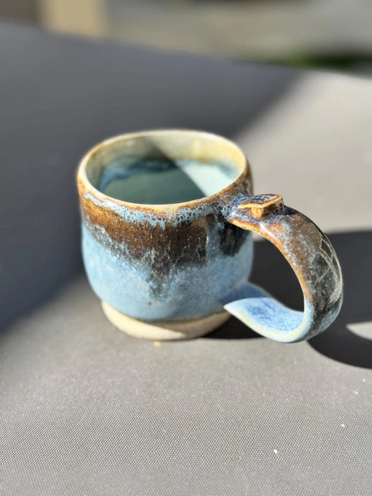 Blue Gold & Green Espresso Mug | 7 oz Wheel Thrown Stoneware | Cone 10 Reduction Pottery