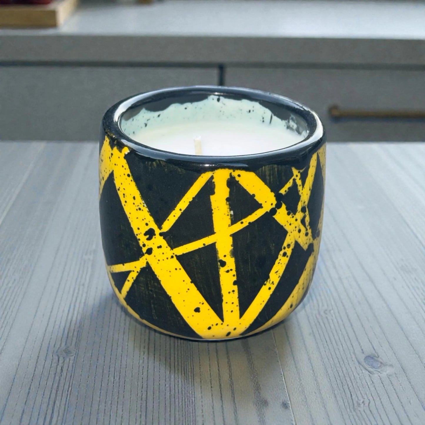 EVH Inspired Soy Candle | Handmade Stoneware Holder | Black & Yellow Ceramic