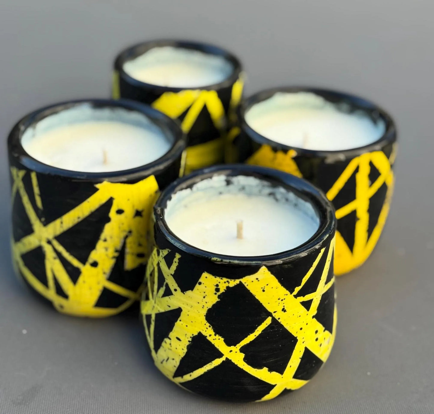 EVH Inspired Soy Candle | Handmade Stoneware Holder | Black & Yellow Ceramic