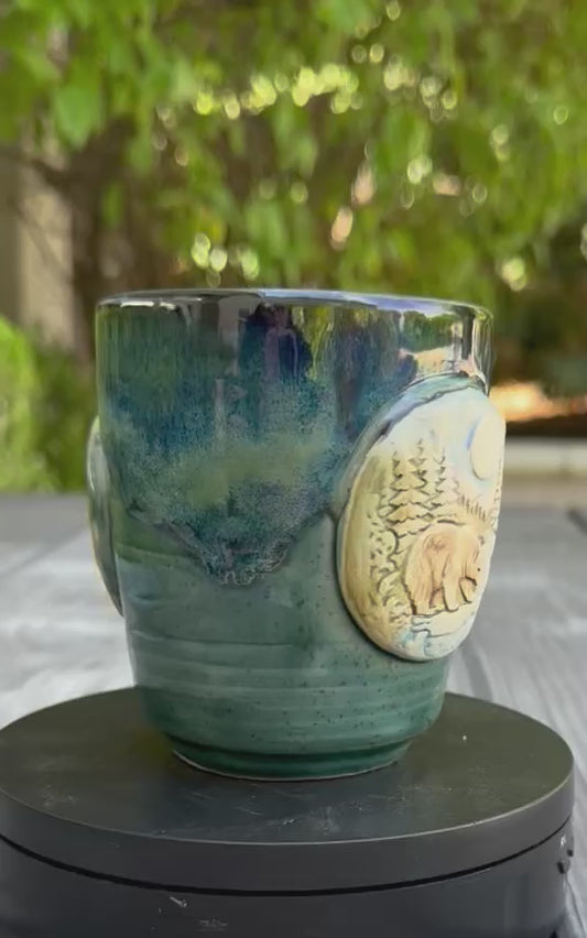 Hand-Thrown Stoneware Mug — Ocean Blue Green, Bear & Cabin Medallions No 2
