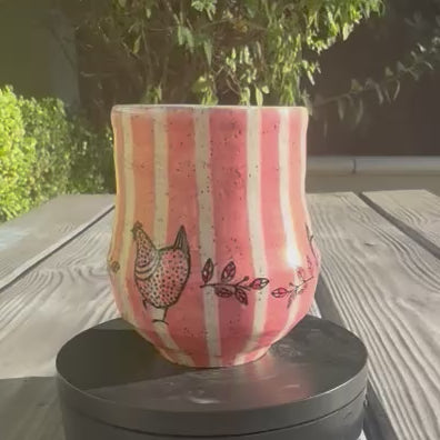 Hand-Thrown Stoneware Mug — Pink Stripe & Chickens No 2