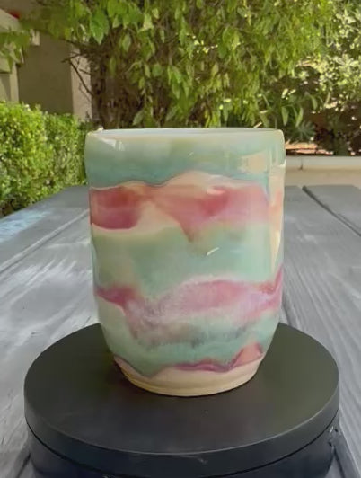 Handmade Pink & Aqua Ceramic Tumbler | 12 oz Stoneware Cup