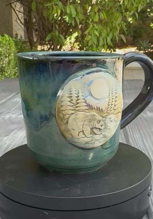 Hand-Thrown Stoneware Mug — Ocean Blue Green, Bear & Cabin Medallions