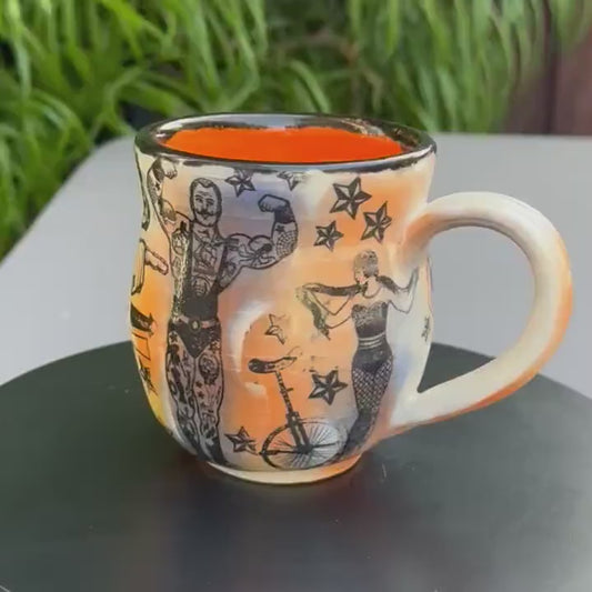 Vintage Circus Mug | 12 oz Hand-Painted Stoneware | Carnival Tattoo Style Pottery