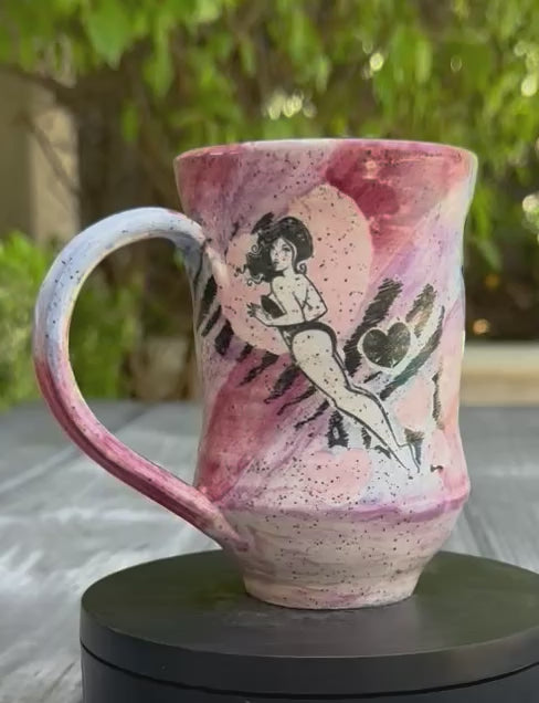 Hand-Thrown Stoneware Mug — Retro Pin-Up Swirl