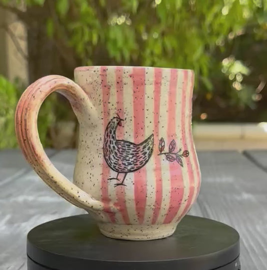 Hand-Thrown Stoneware Mug — Pink Stripe & Chickens