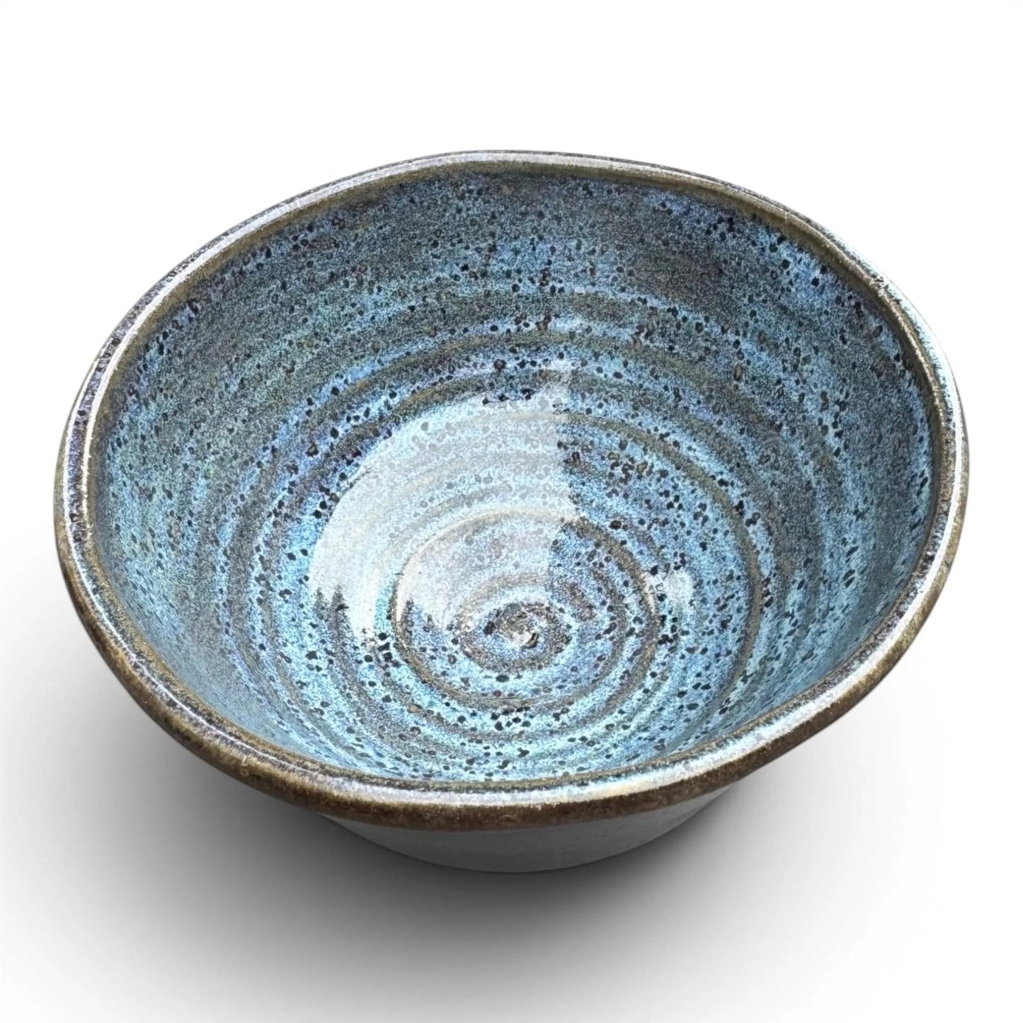Rock N Art Shop large black clay stoneware bowl with stormy blue interior and copper-rust exterior glaze. Wheel thrown pottery.